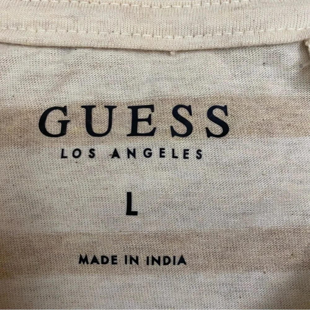 Everyday Casual Men’s Guess Beige Striped Cotton Short Sleeve T Shirt - Picture 6 of 7